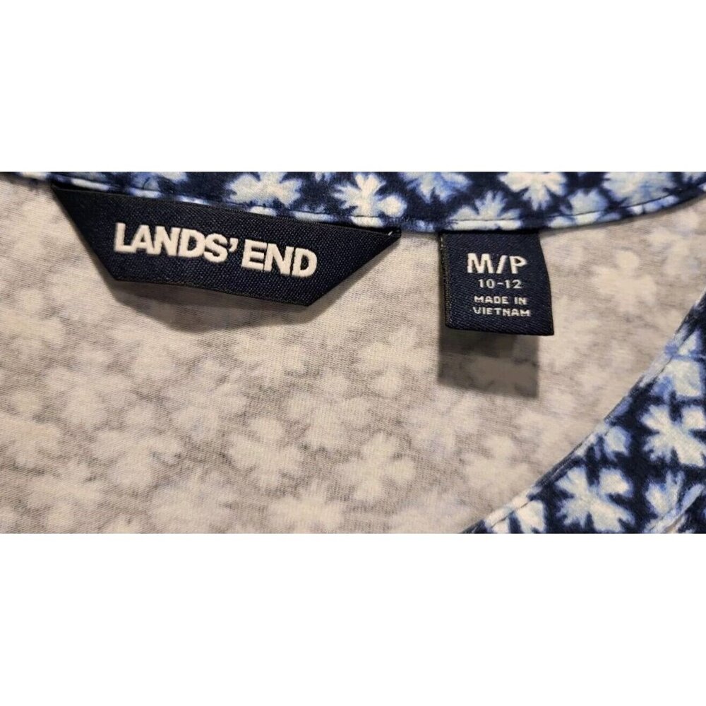 New Lands End Blue Print 3/4 Sleeve 1/4 Button Tie Waist Dress Sz M Pockets - Picture 7 of 9